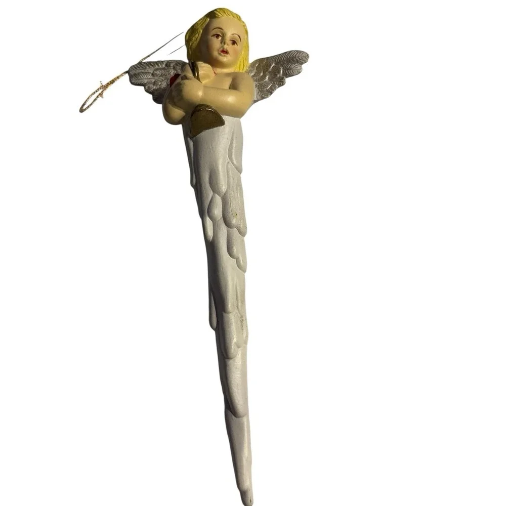 Vintage Angel Icicle Ornament Holding Bell Christmas Plastic‎ Cherub Religious